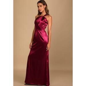 Lulus Womens S Wine Red Satin One Shoulder Maxi Dress Devotion To Love NWT